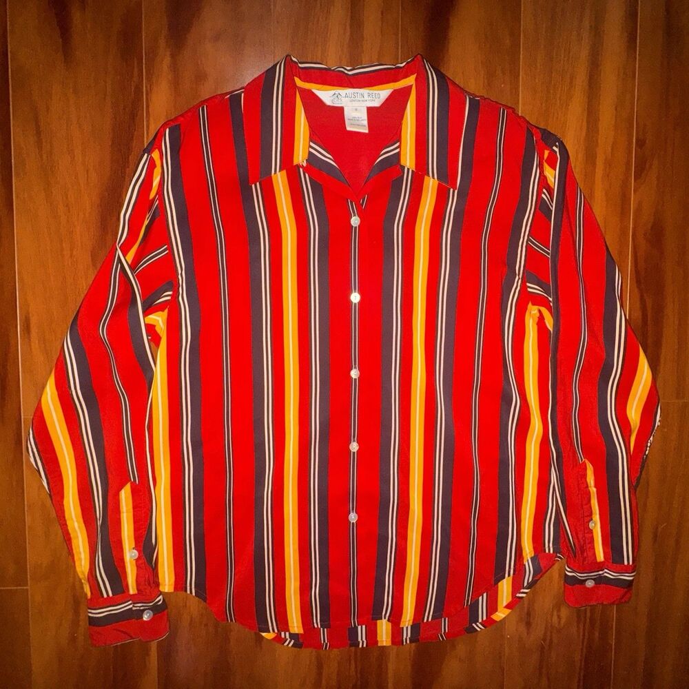 Austin Reed 100% Silk Striped Button Front Shirt Womens 8 Red Colorful